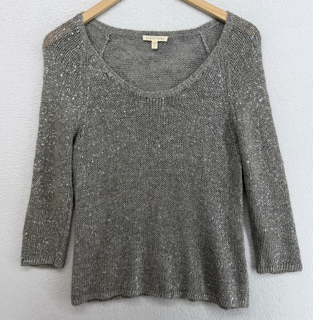 EILEEN FISHER Sweater XS Linen Sparkle Scoop Neck 3/4 Sleeve Gray Silver